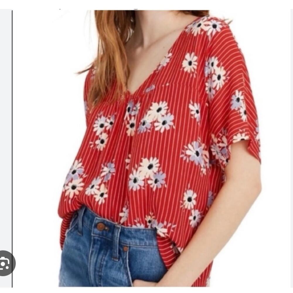 Madewell Rhyme Top Daisy Society Red Striped Floral Blouse Size XL